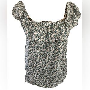 Loft blouse XL Linen round ruffled neck sleeveless Floral multicolored 22L X 23